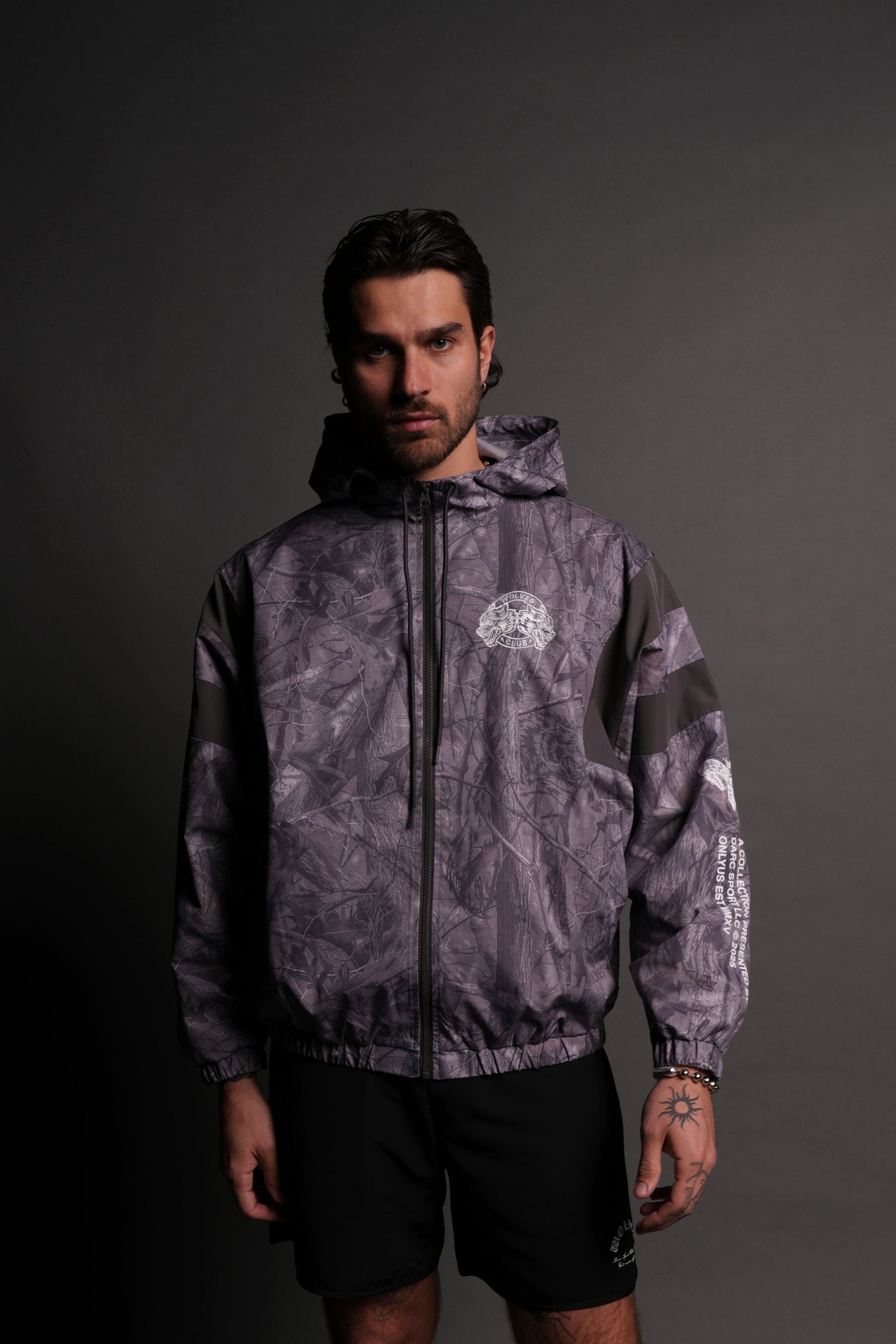 Iron Core Brolic Unisex Track Jacket in Driftwood Wolf Forest Camo