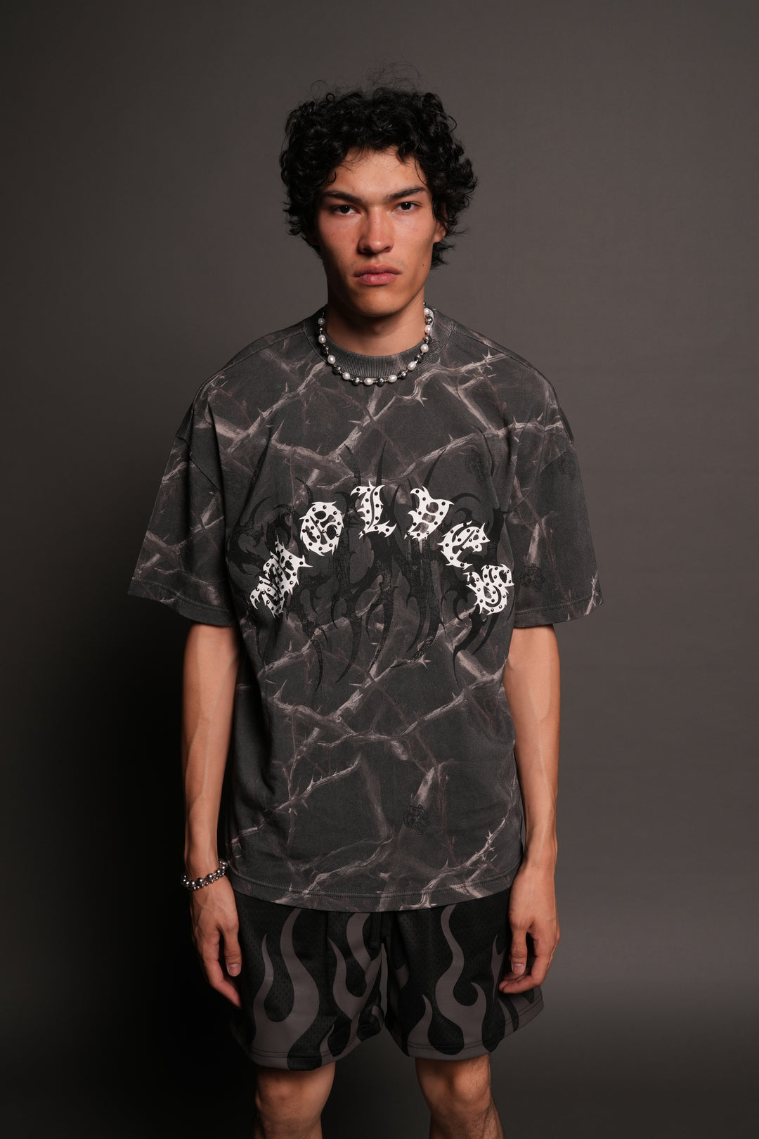 Studded Mantra Premium Oversized Tee In Darc Thorns