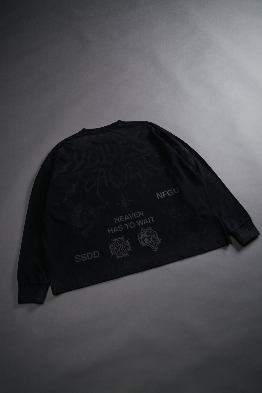 Sacred Flash Grunge "Box Cut" L/S Tee in Black Drift Wash