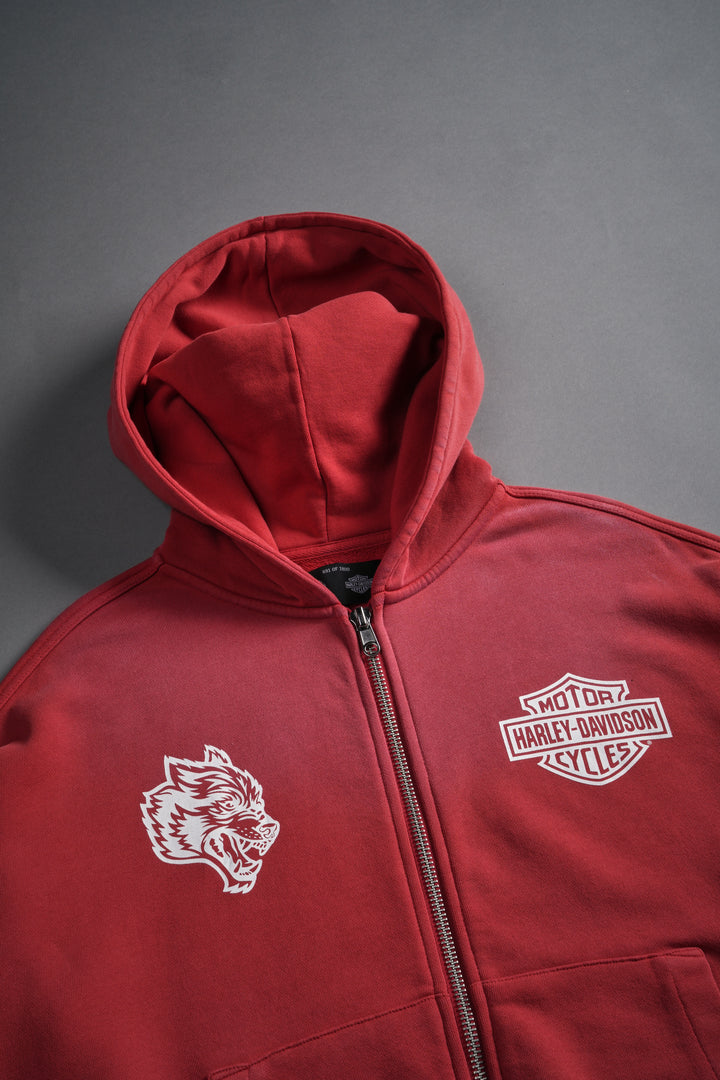 Harley-Davidson Wolves Vex Double Zip Hoodie in Roman Red Drift Wash
