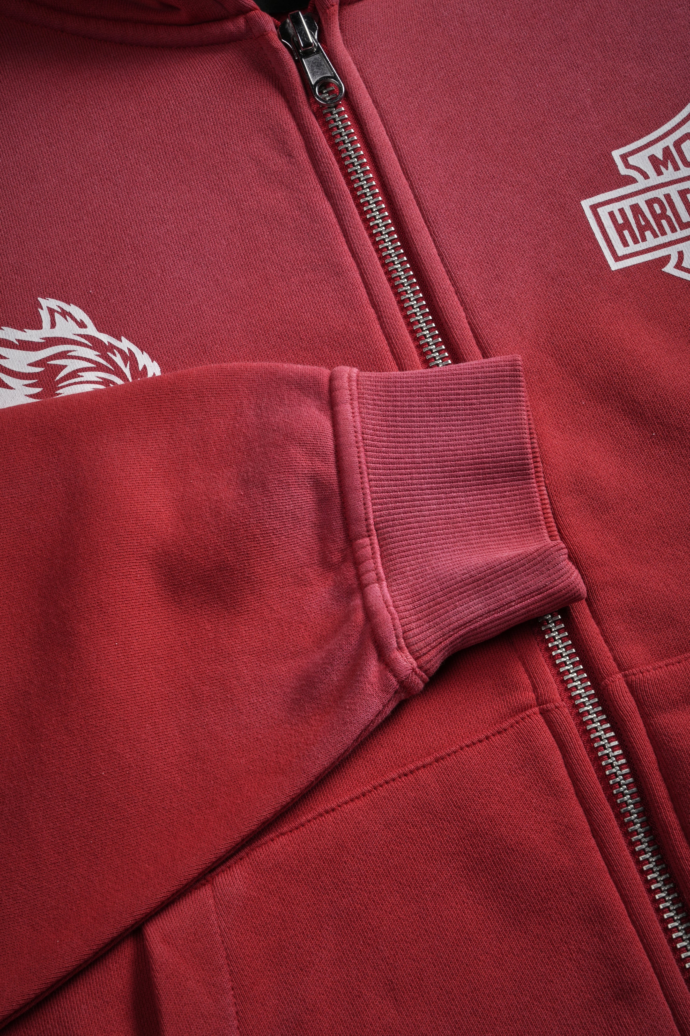 Harley-Davidson Wolves Vex Double Zip Hoodie in Roman Red Drift Wash