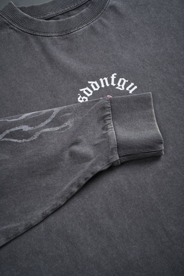 Our Sacrifice Grunge Mid Length Raw Hem LS Tee in Slate Gray