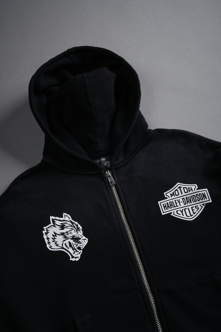 Harley-Davidson Wolves Vex Double Zip Hoodie in Black Drift Wash