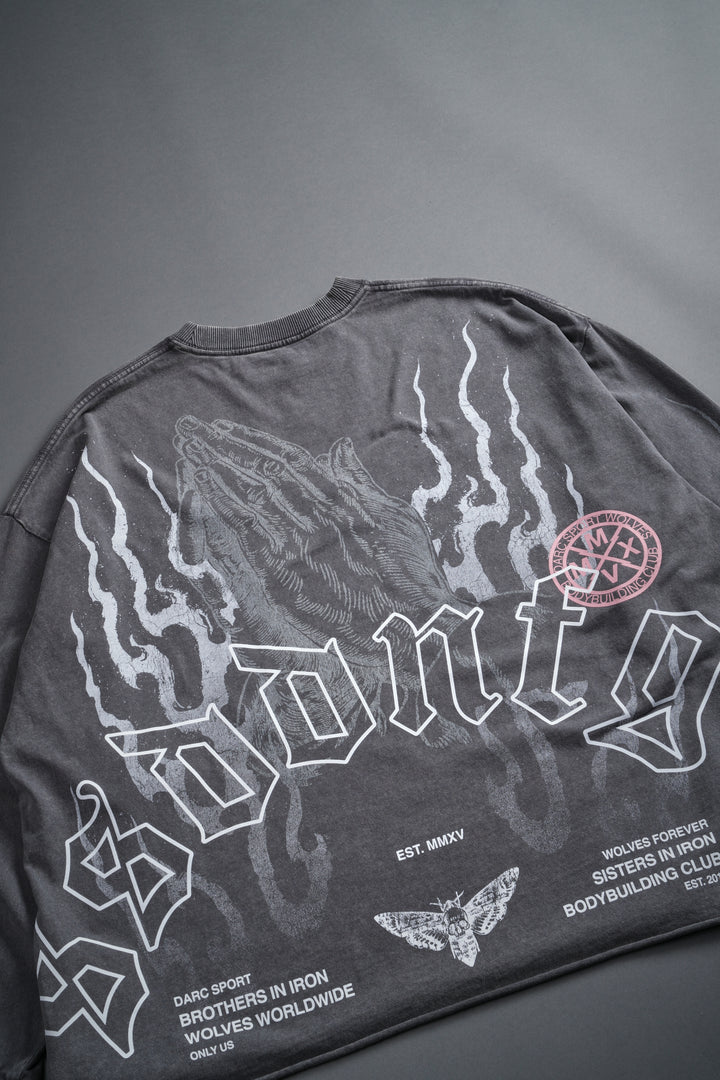 Our Sacrifice Grunge Mid Length Raw Hem LS Tee in Slate Gray