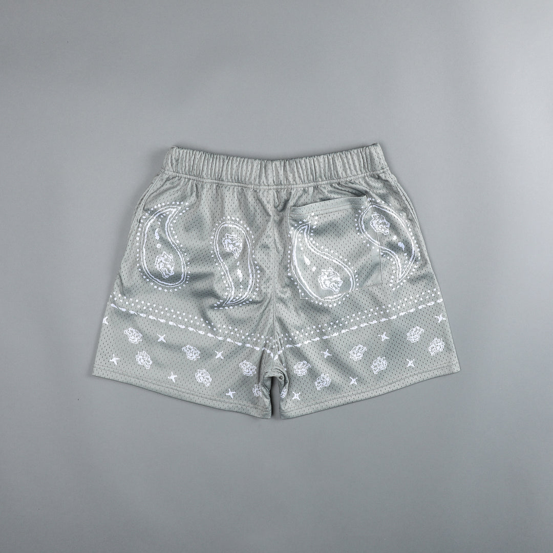 Southwest Paisley Patch Liam 4.5" Mesh Shorts in Cactus Gray