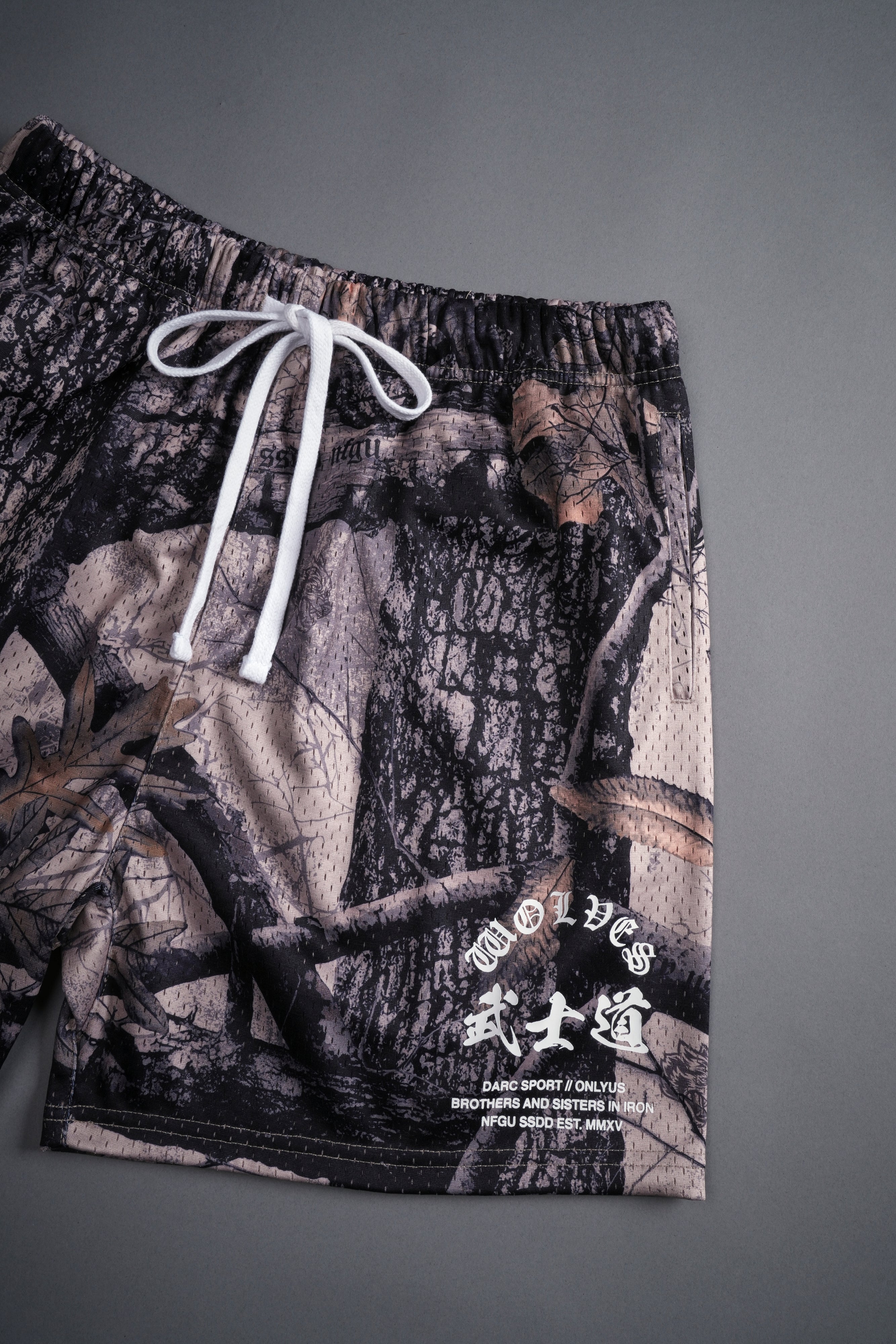 Okami Wolf Mesh Shorts in Clay Woodland Camo