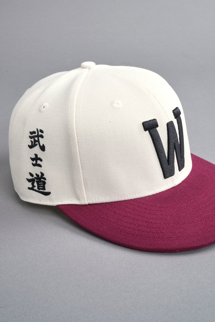 "W" Bushido Fitted Hat in Cream/Cherry Red