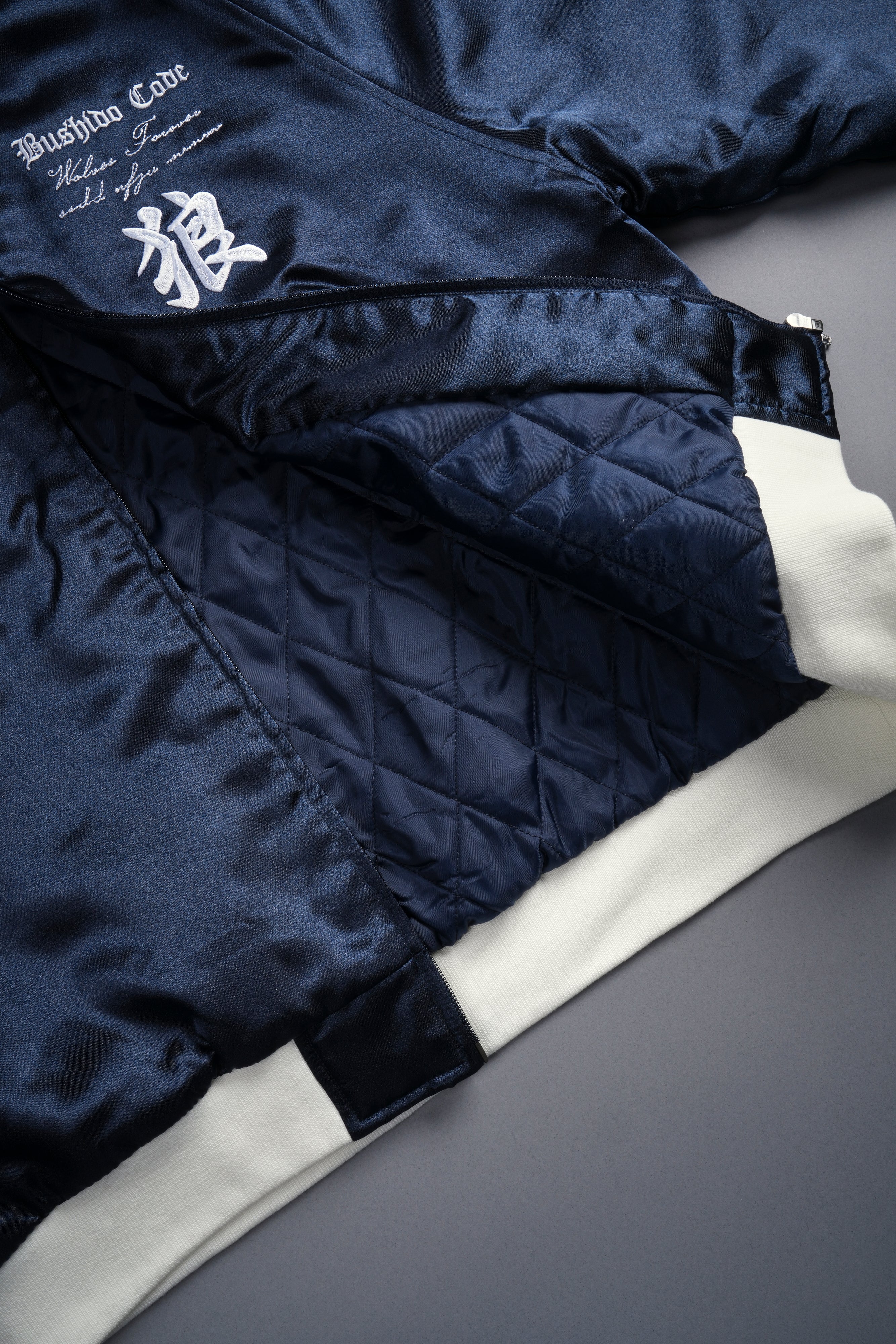 Okami Howl Satin Bomber Zip Jacket in Navy