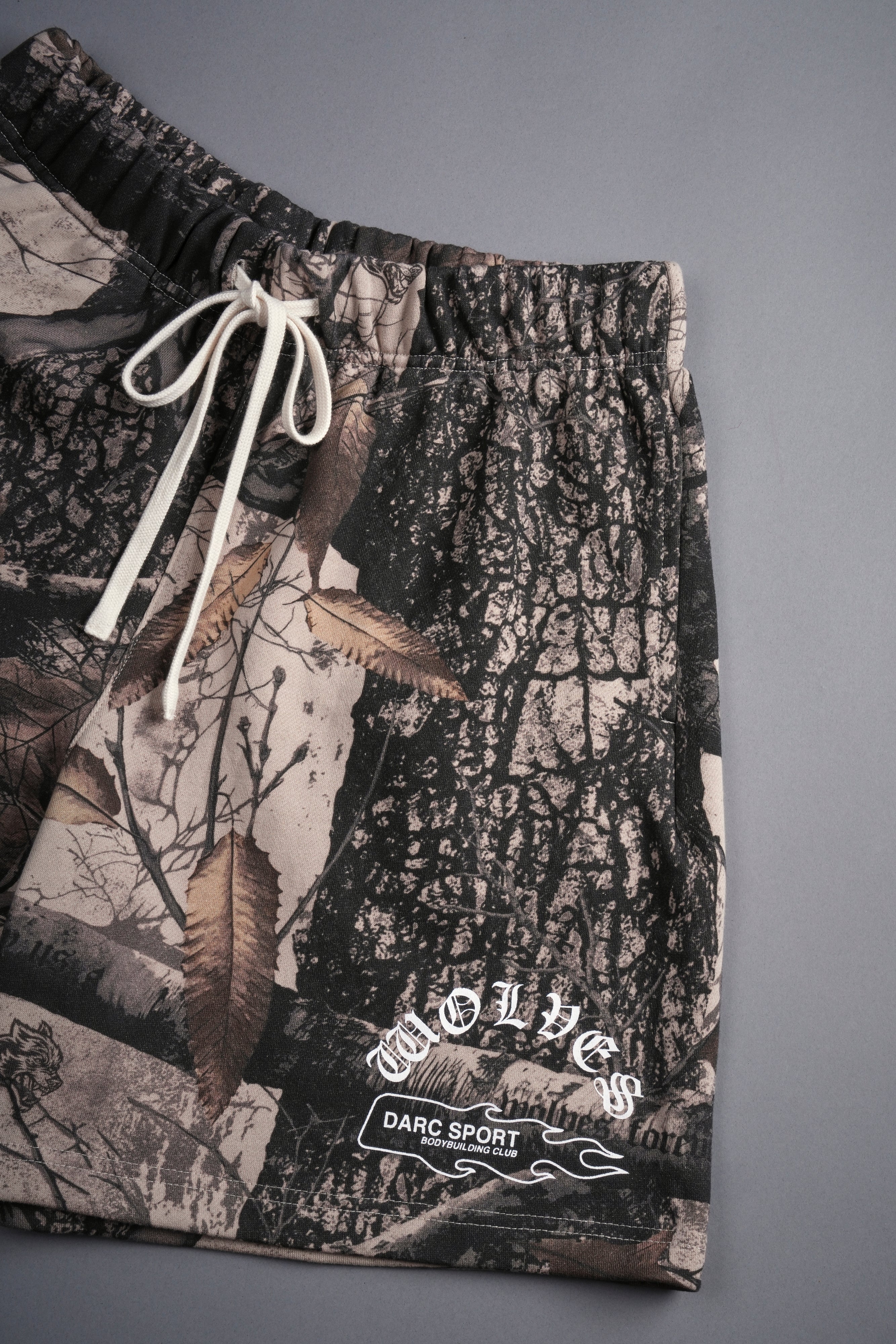 Okami Wolf Oversized Post Lounge Sweat Shorts in Clay Woodland Camo