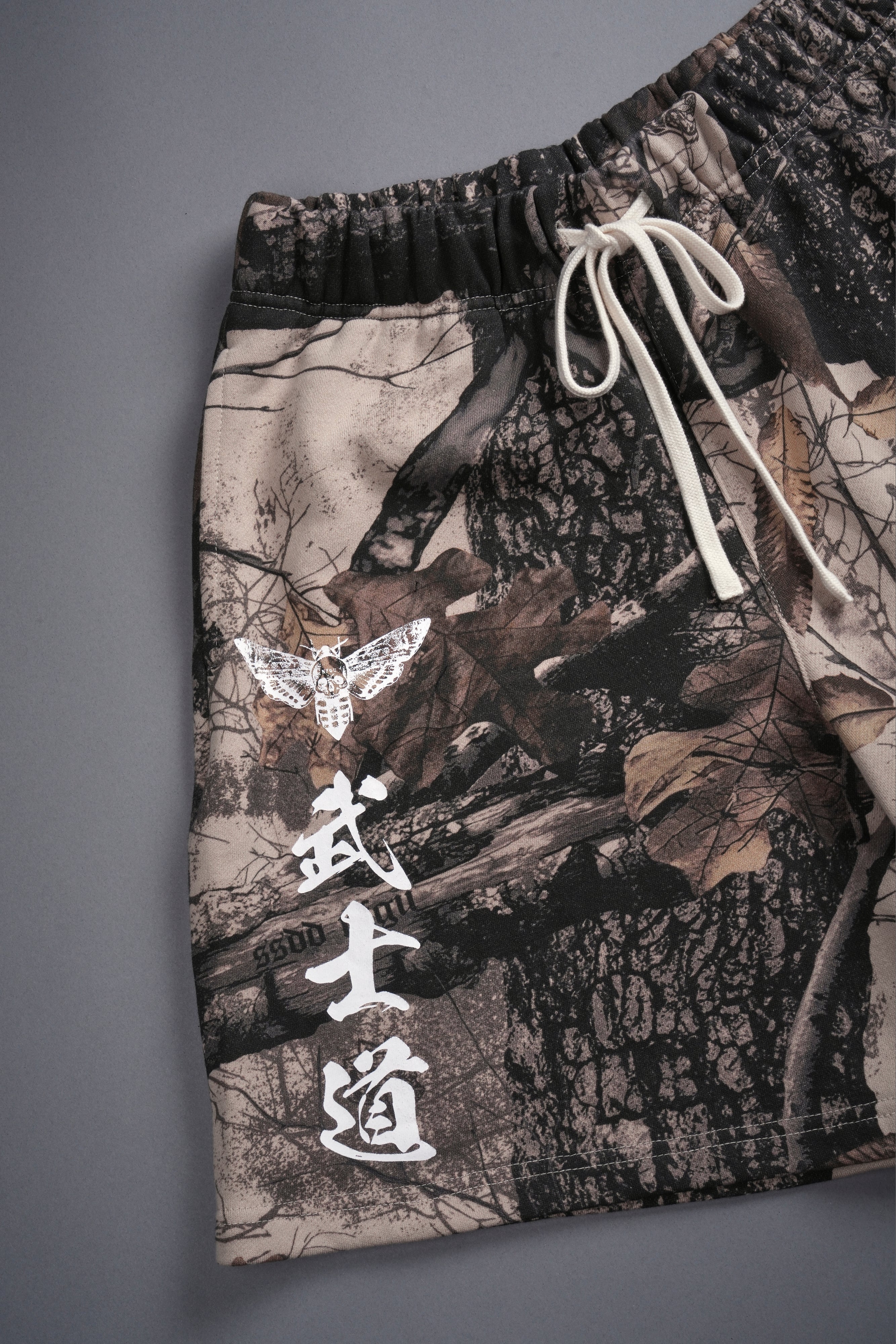 Okami Wolf Oversized Post Lounge Sweat Shorts in Clay Woodland Camo