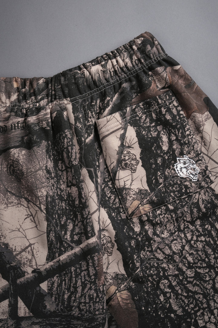 Okami Wolf Oversized Post Lounge Sweat Shorts in Clay Woodland Camo