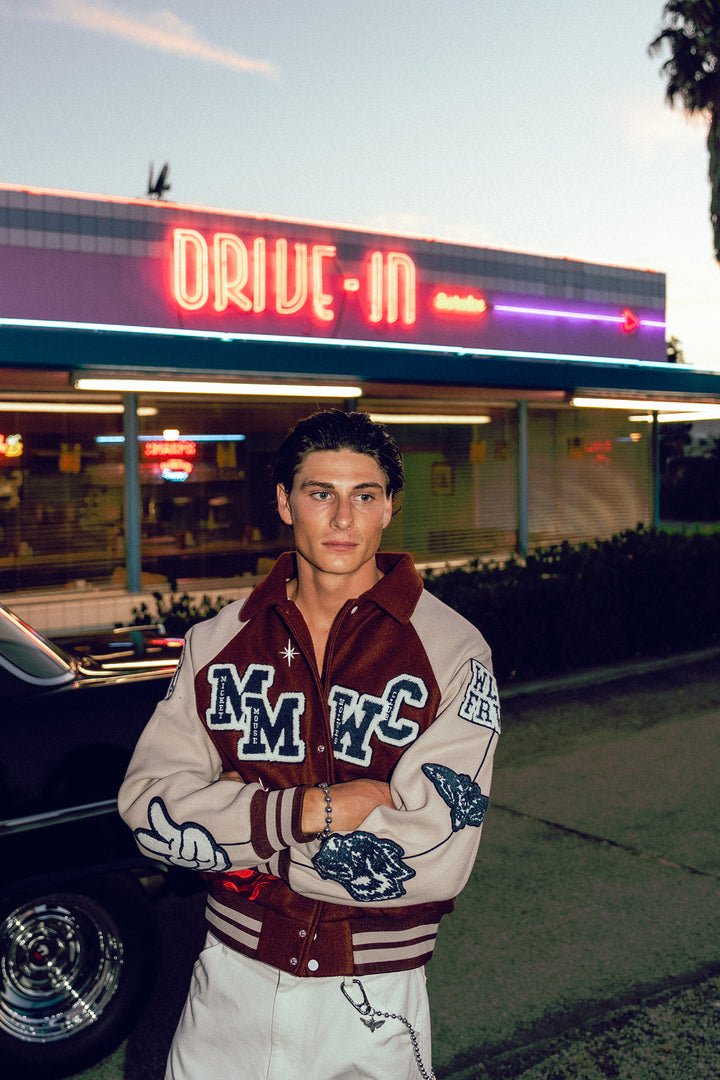 Mickey Mouse Wolves Club Roxy Box Cut Rudy Letterman Jacket in Oxblood/Clay