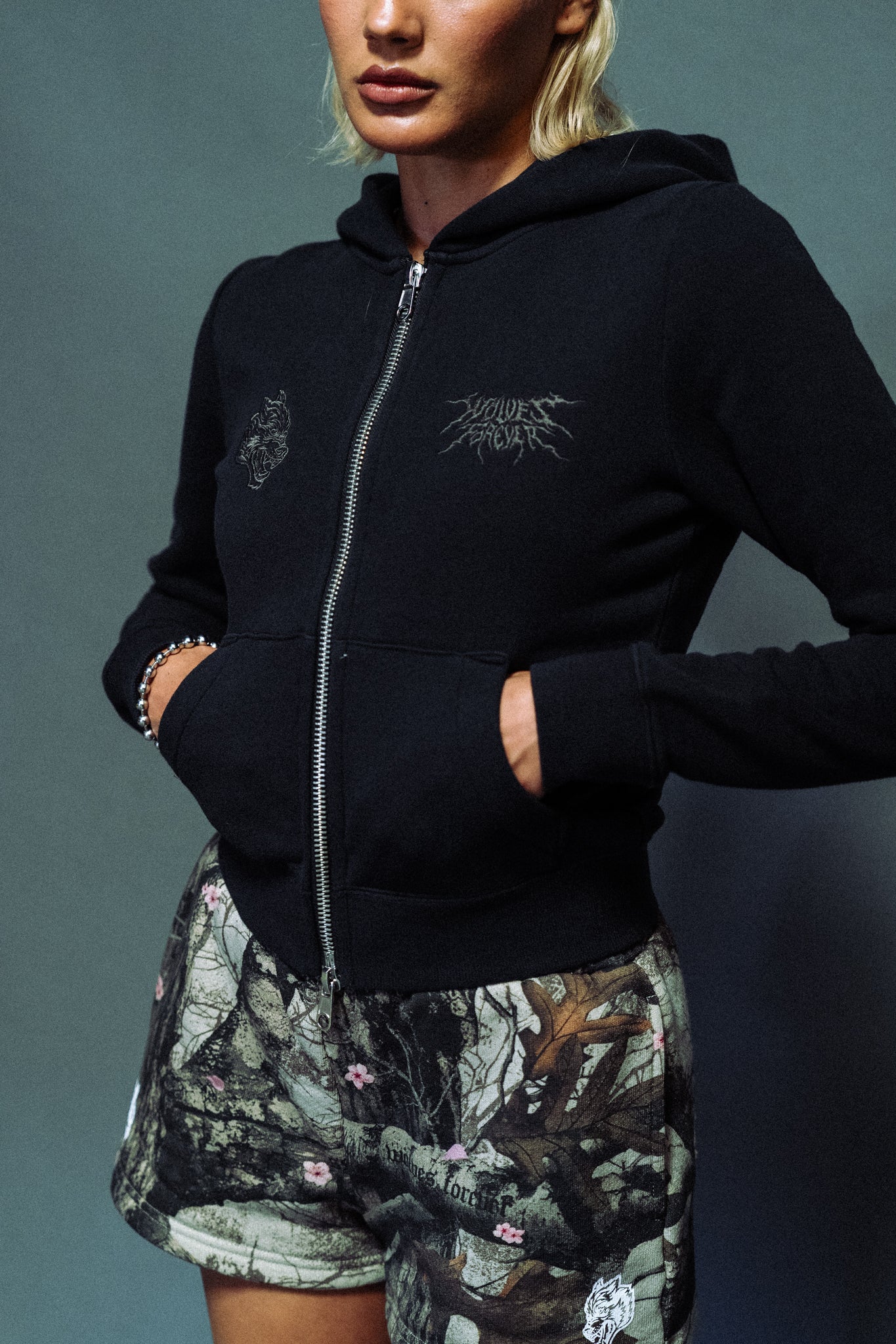 Moth Kanji "Iris" Zip Up Hoodie in Black