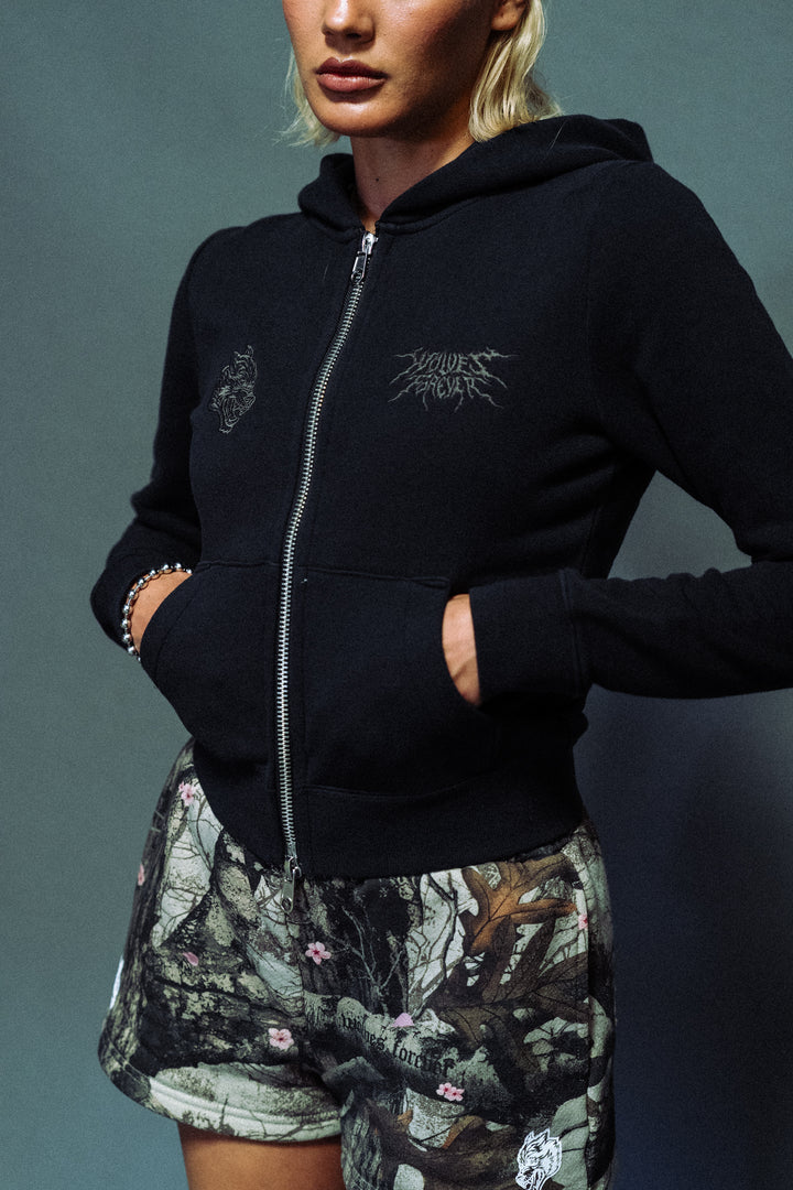 Moth Kanji "Iris" Zip Up Hoodie in Black