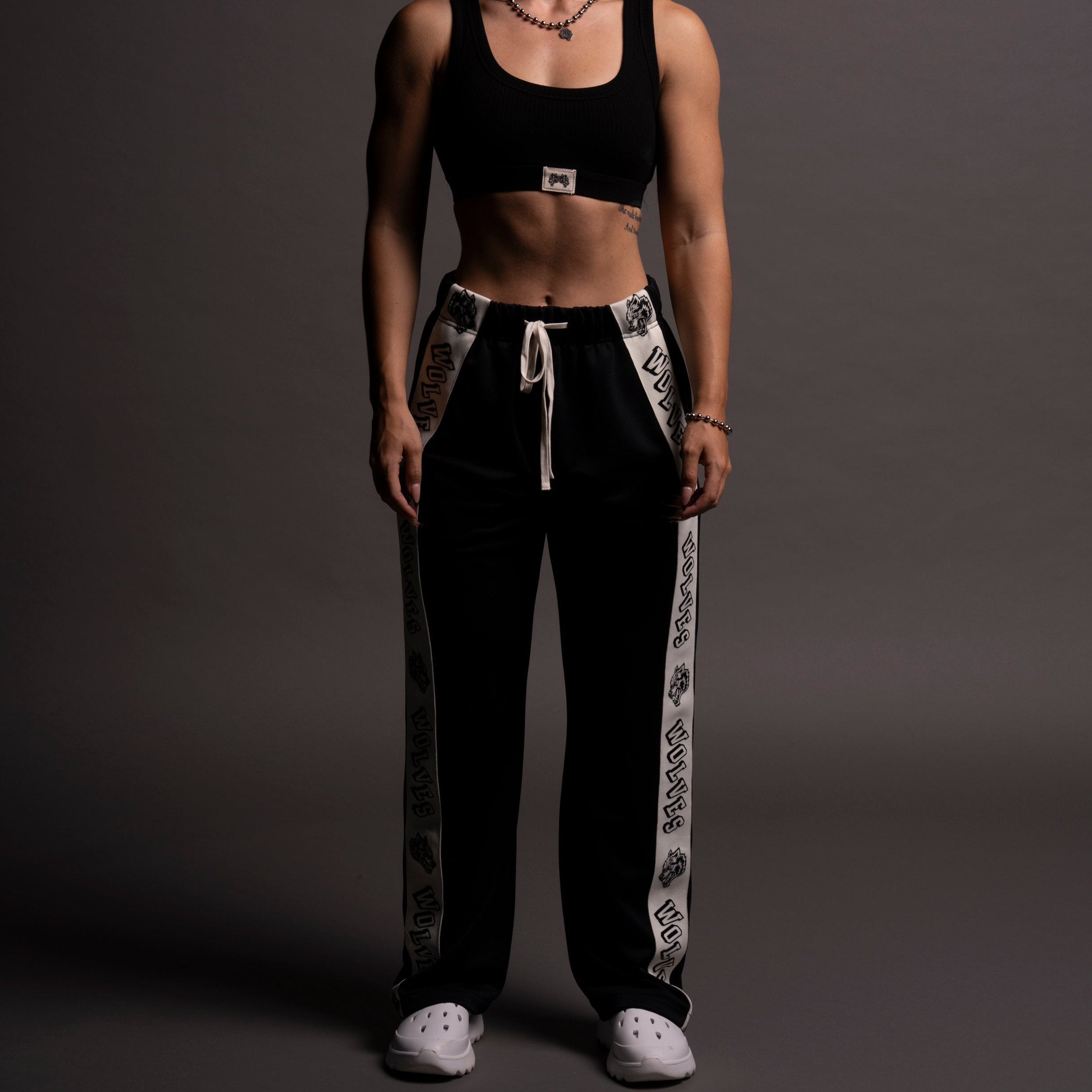 Never Give Up She Roadster Track Pants in Black/Cream