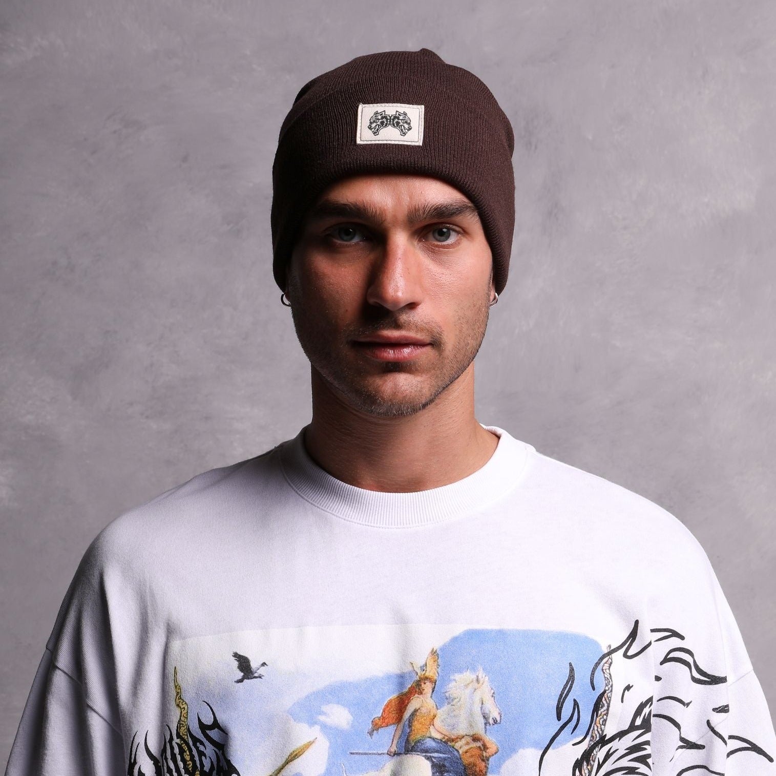 IYKYK Work Hard Patch Beanie in Norse Brown