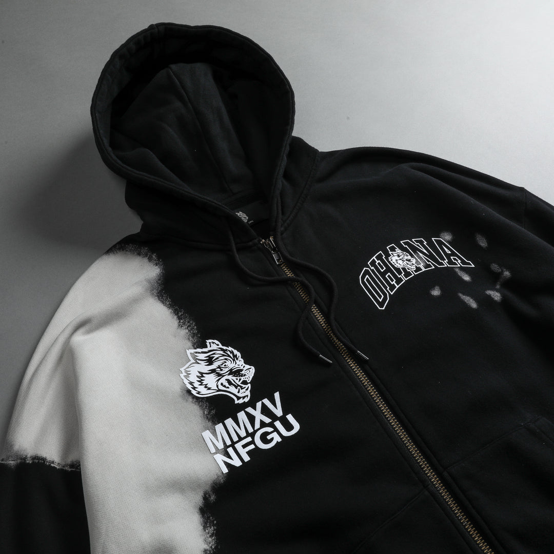 Ohana At Our Back Premium Zip Up Unisex Hoodie in Black Acid Wash