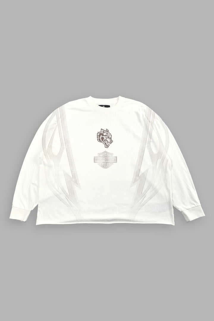 Iron Sakura Grunge Mid Length Raw Hem Ls Tee in White