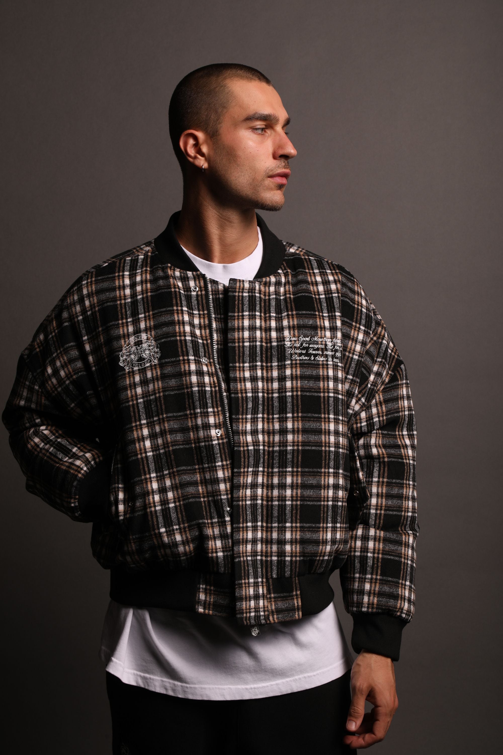 Marked Vicious Plaid Bomber Jacket in Black/Brown Plaid