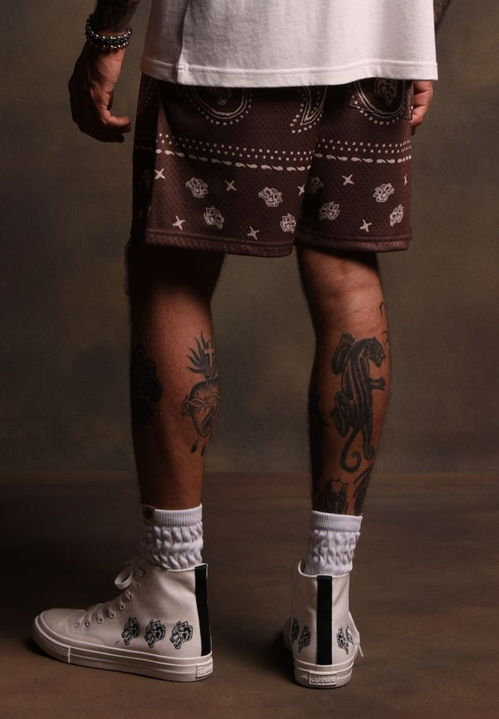 Southwest Paisley Patch Liam 4.5" Mesh Shorts in Mojave Brown