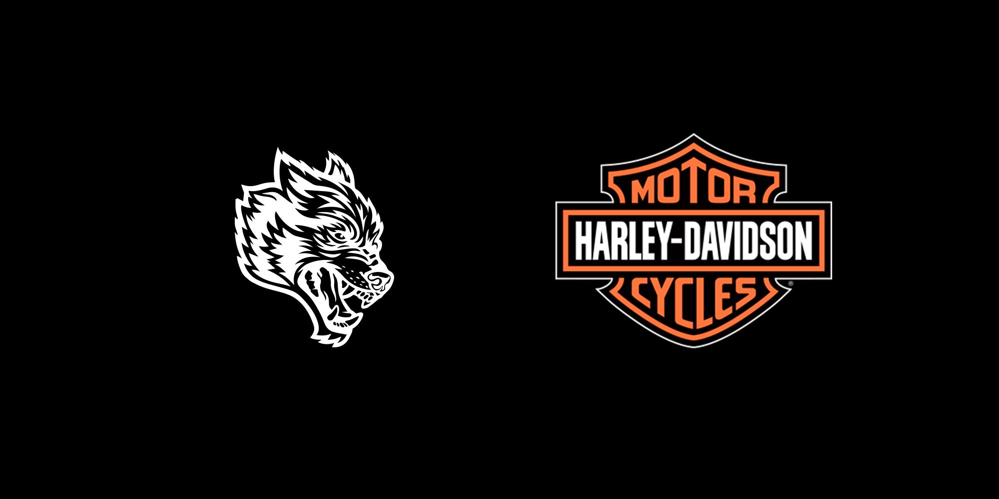 Logos of a wolf and Harley-Davidson on a black background