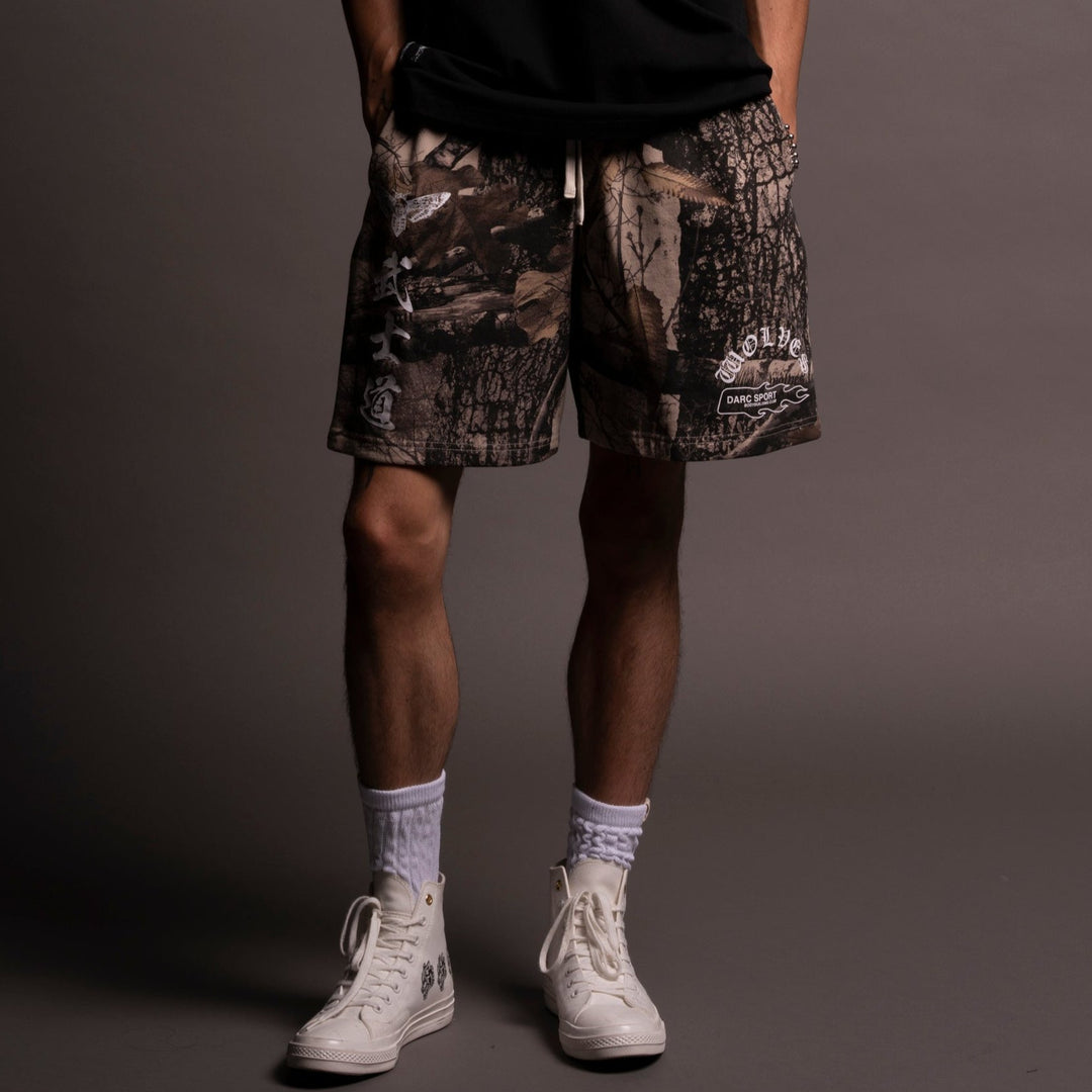 Okami Wolf Oversized Post Lounge Sweat Shorts in Clay Woodland Camo