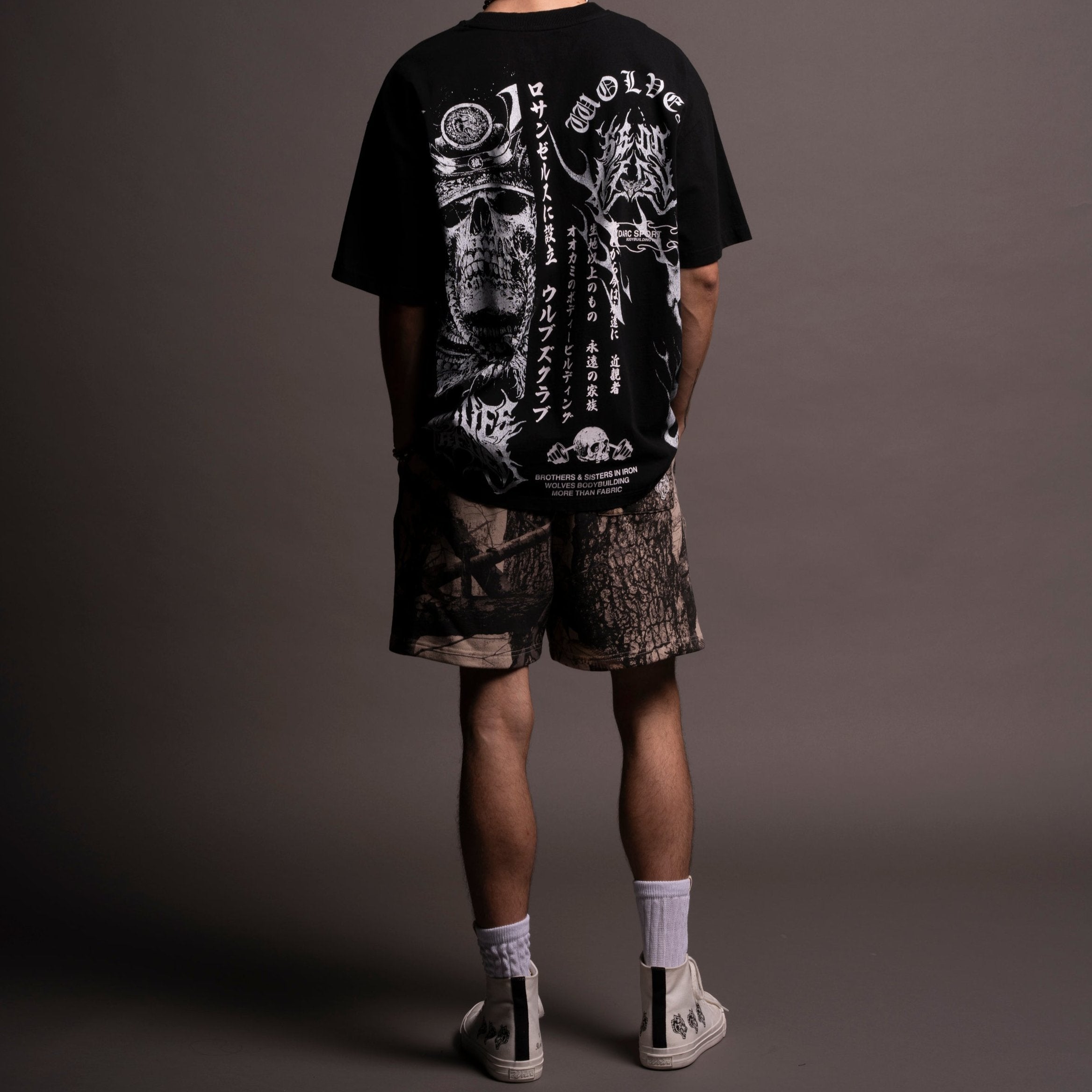 Okami Wolf Oversized Post Lounge Sweat Shorts in Clay Woodland Camo