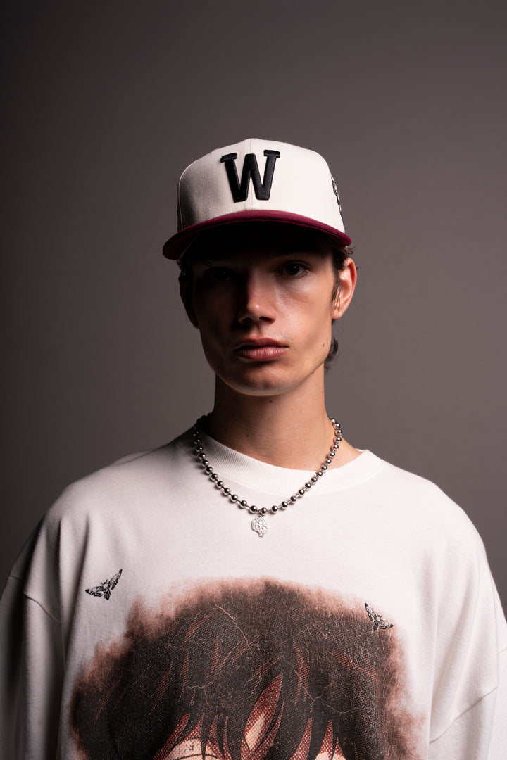 "W" Bushido Fitted Hat in Cream/Cherry Red