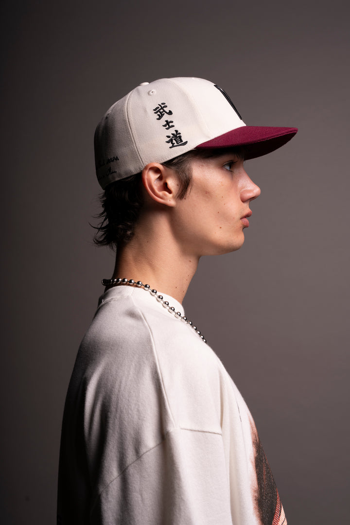 "W" Bushido Fitted Hat in Cream/Cherry Red