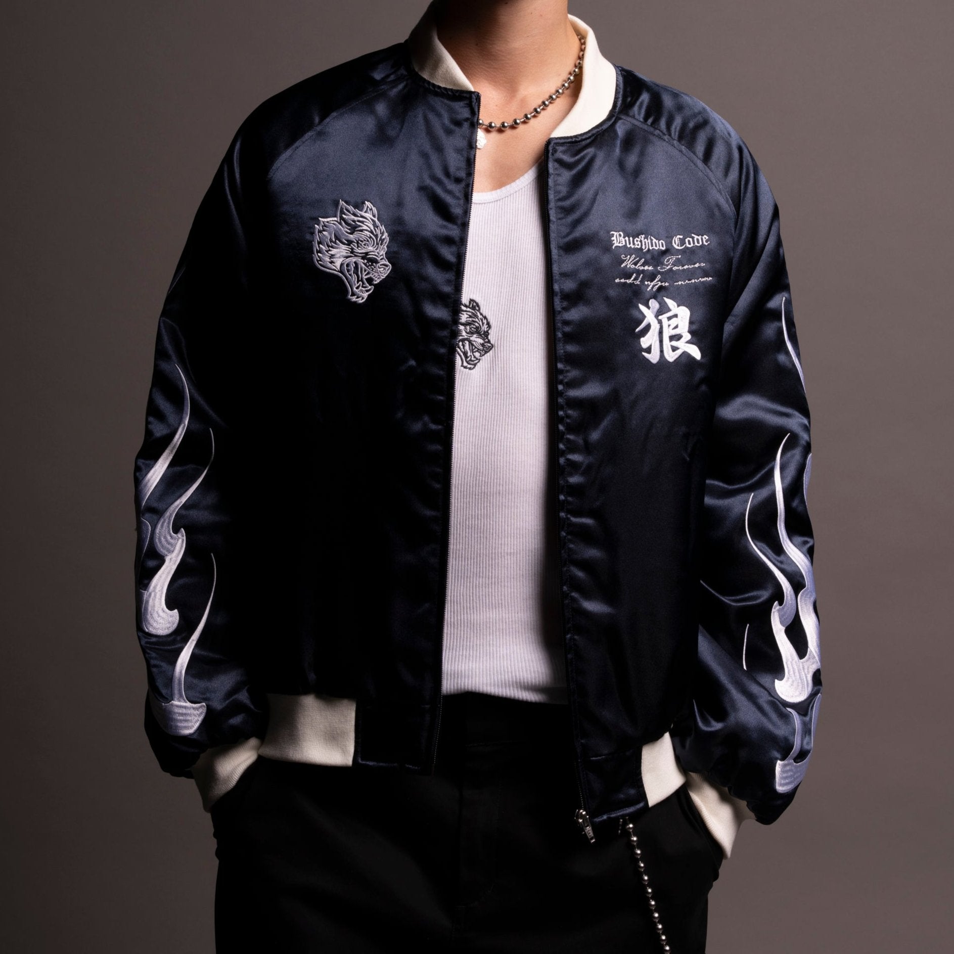 Okami Howl Satin Bomber Zip Jacket in Navy