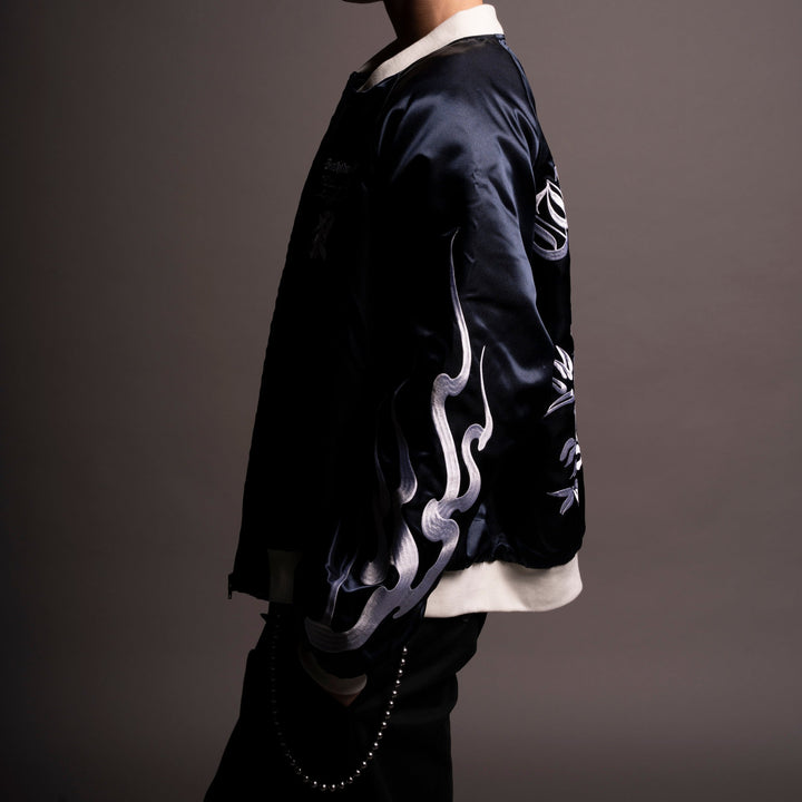 Okami Howl Satin Bomber Zip Jacket in Navy