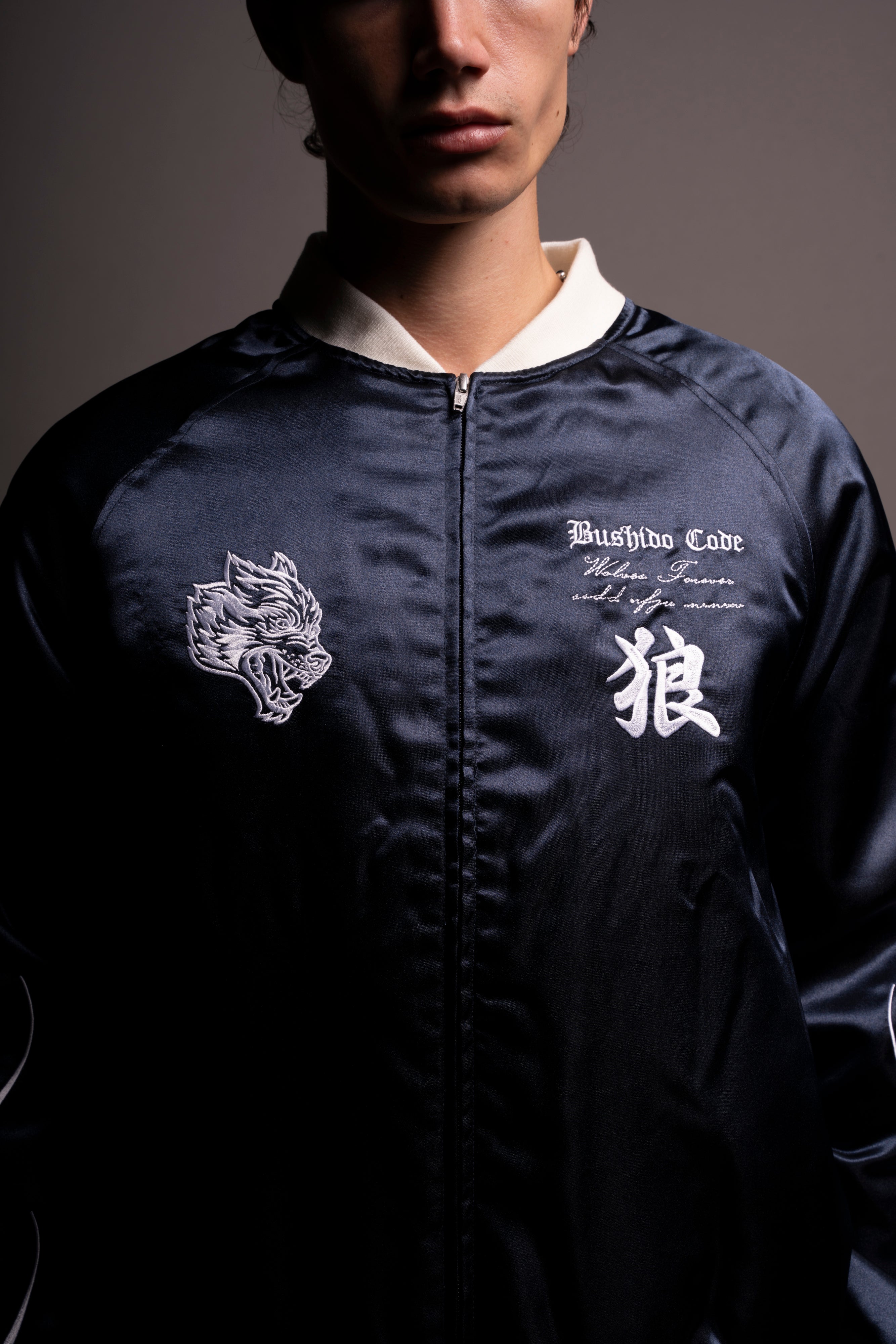 Okami Howl Satin Bomber Zip Jacket in Navy