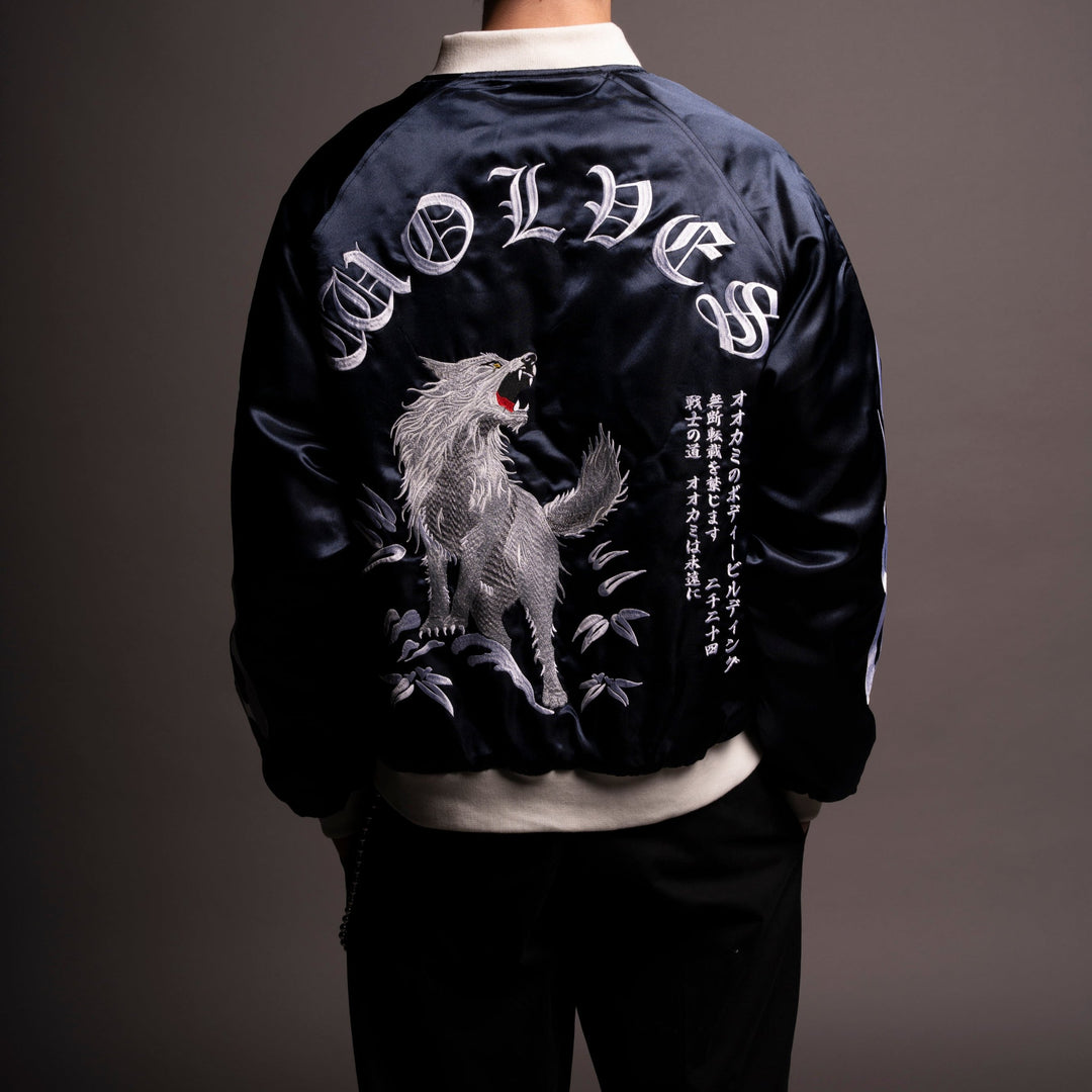 Okami Howl Satin Bomber Zip Jacket in Navy