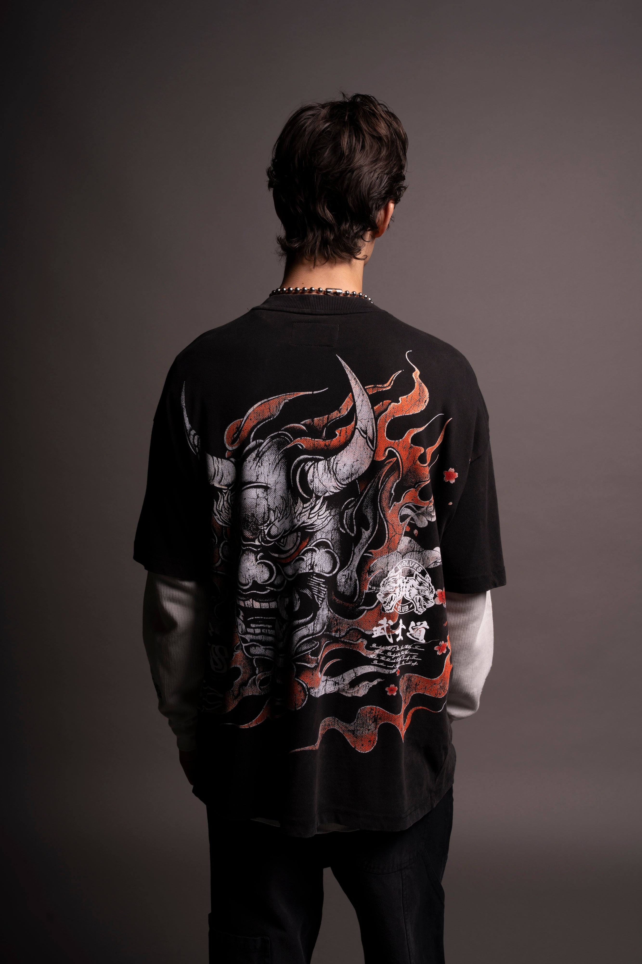 Oni Flames "Side By Side" Oversized Tee in Black