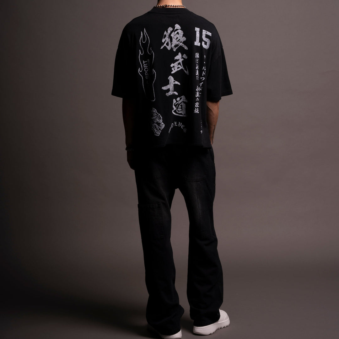 Bushido Wolves Raw Hem "Box Cut" Tee in Black