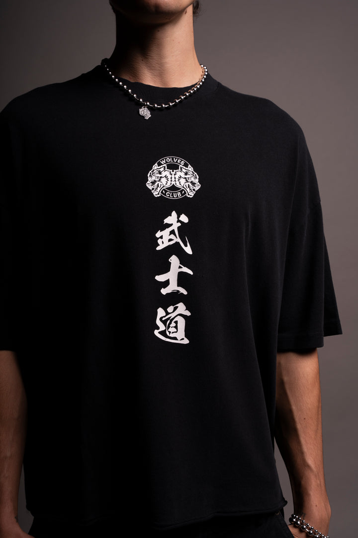 Bushido Wolves Raw Hem "Box Cut" Tee in Black