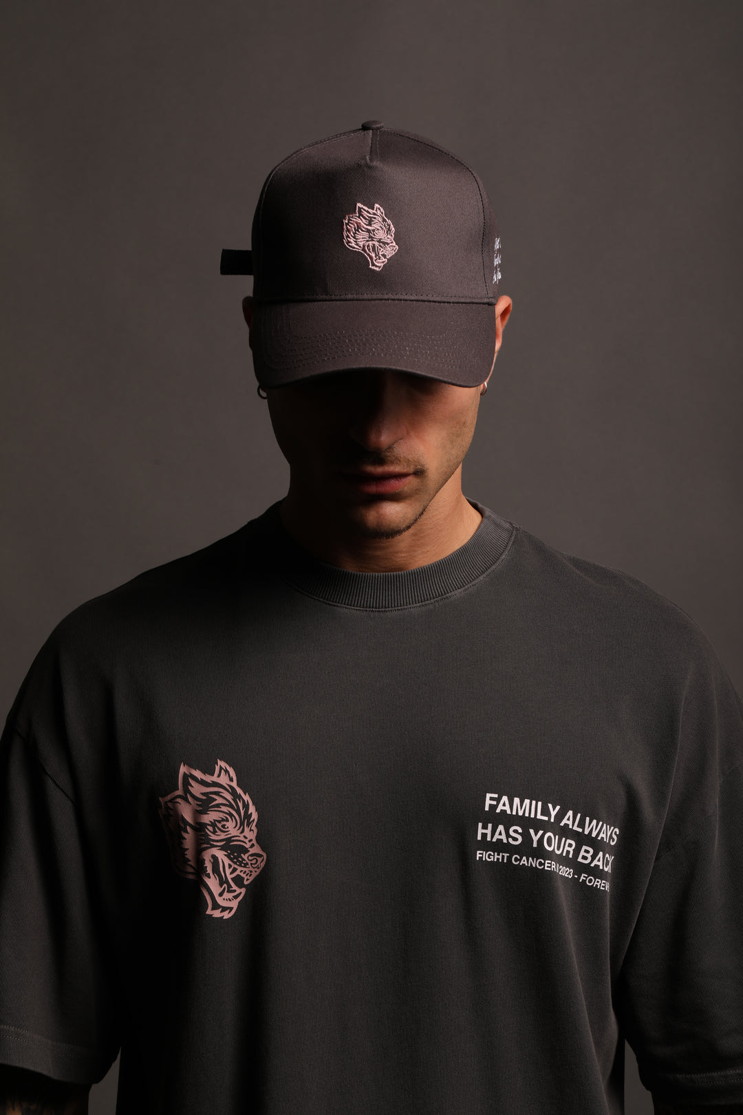 F Cancer x NFGU 5 Panel Hat in Wolf Gray/Light Mauve