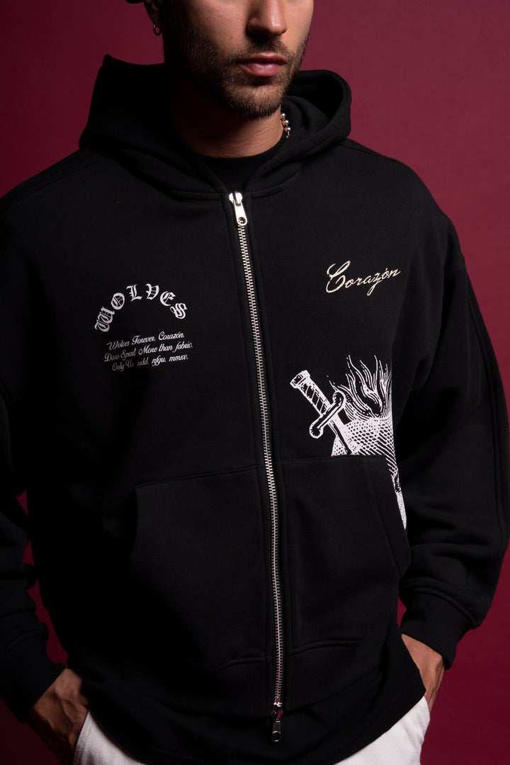 Our Heart Darco Double Zip Hoodie in Black