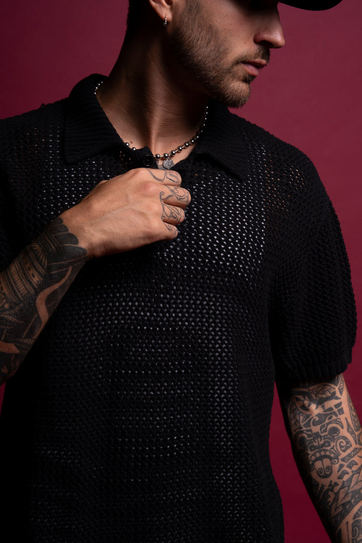 Wolf Patch Claude Knit Polo in Black