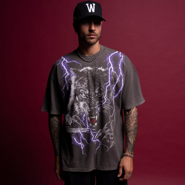 Trust Your Instinct "Premium Vintage" Oversized Tee in Wolf Gray/Purple Lightning