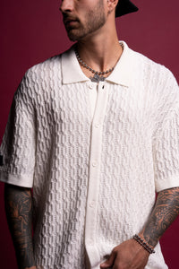 Wolf Patch Wah-El Knit S/S Button Up Shirt in Cream