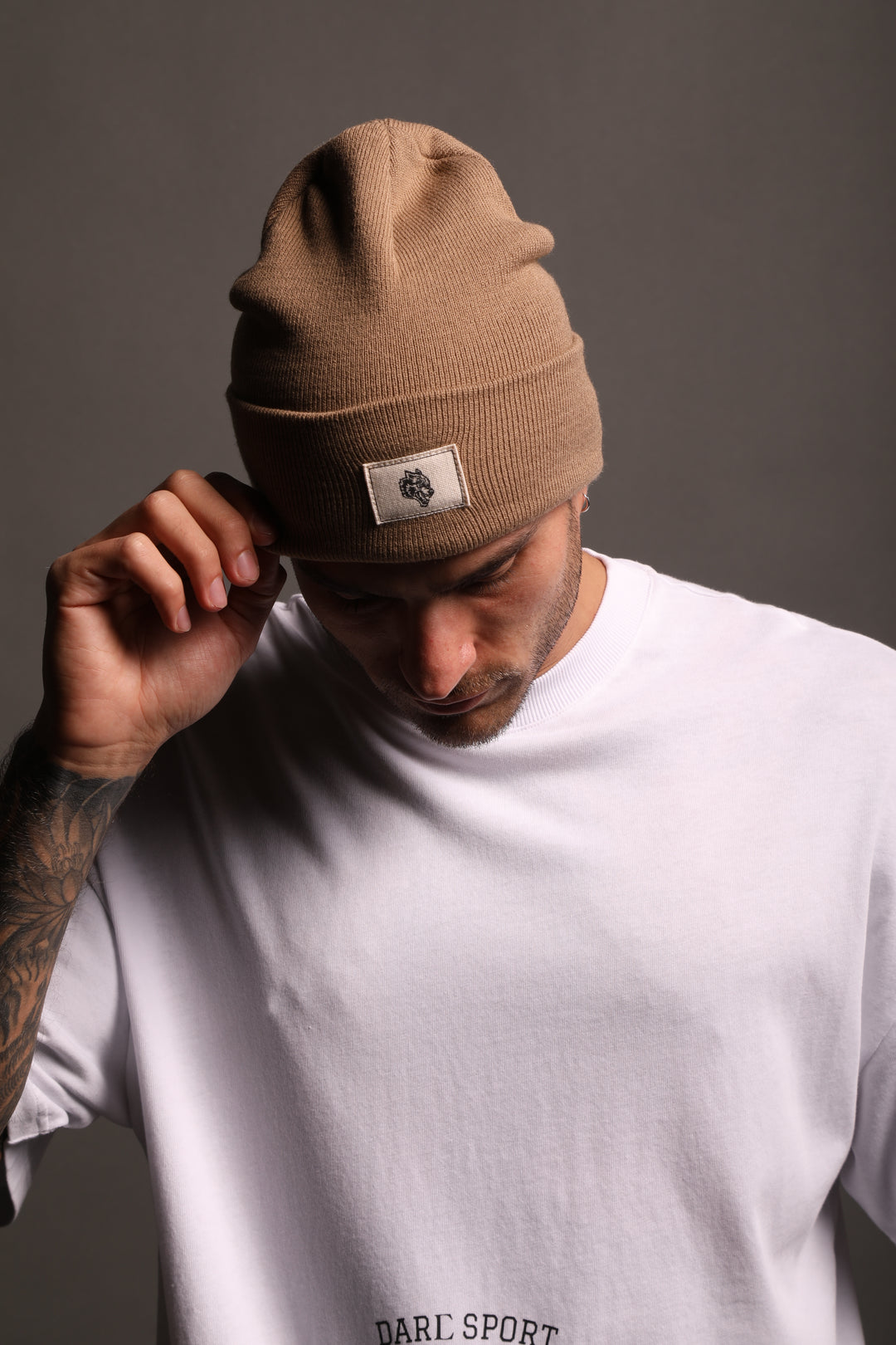 Wolf Patch Hard Work Beanie in Taupe