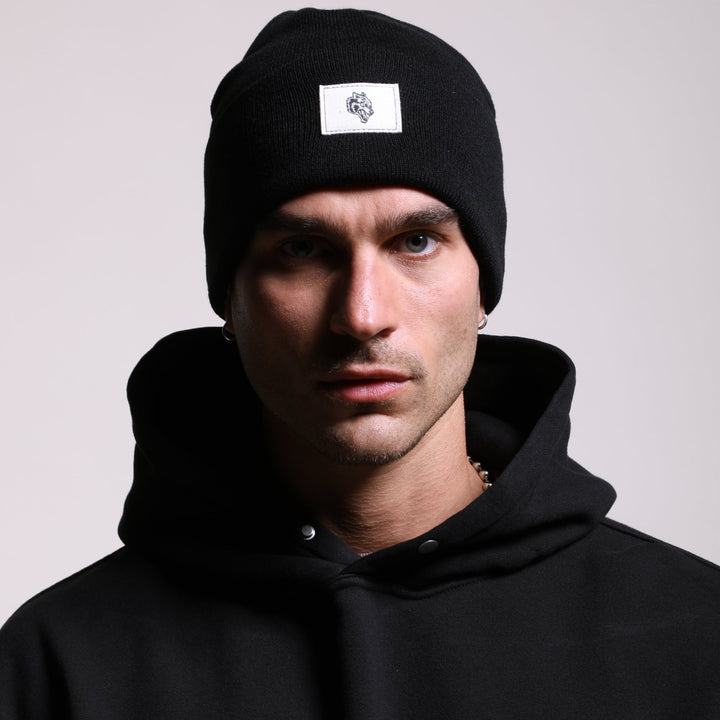 Wolf Patch Hard Work Beanie in Black