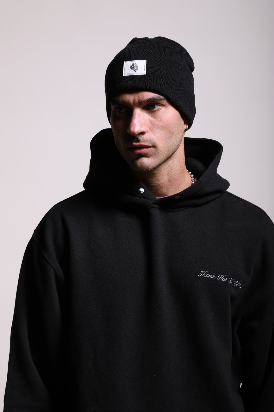 Wolf Patch Hard Work Beanie in Black