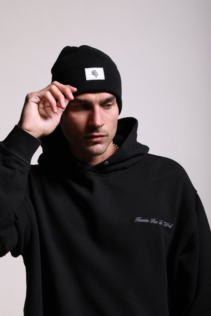 Wolf Patch Hard Work Beanie in Black