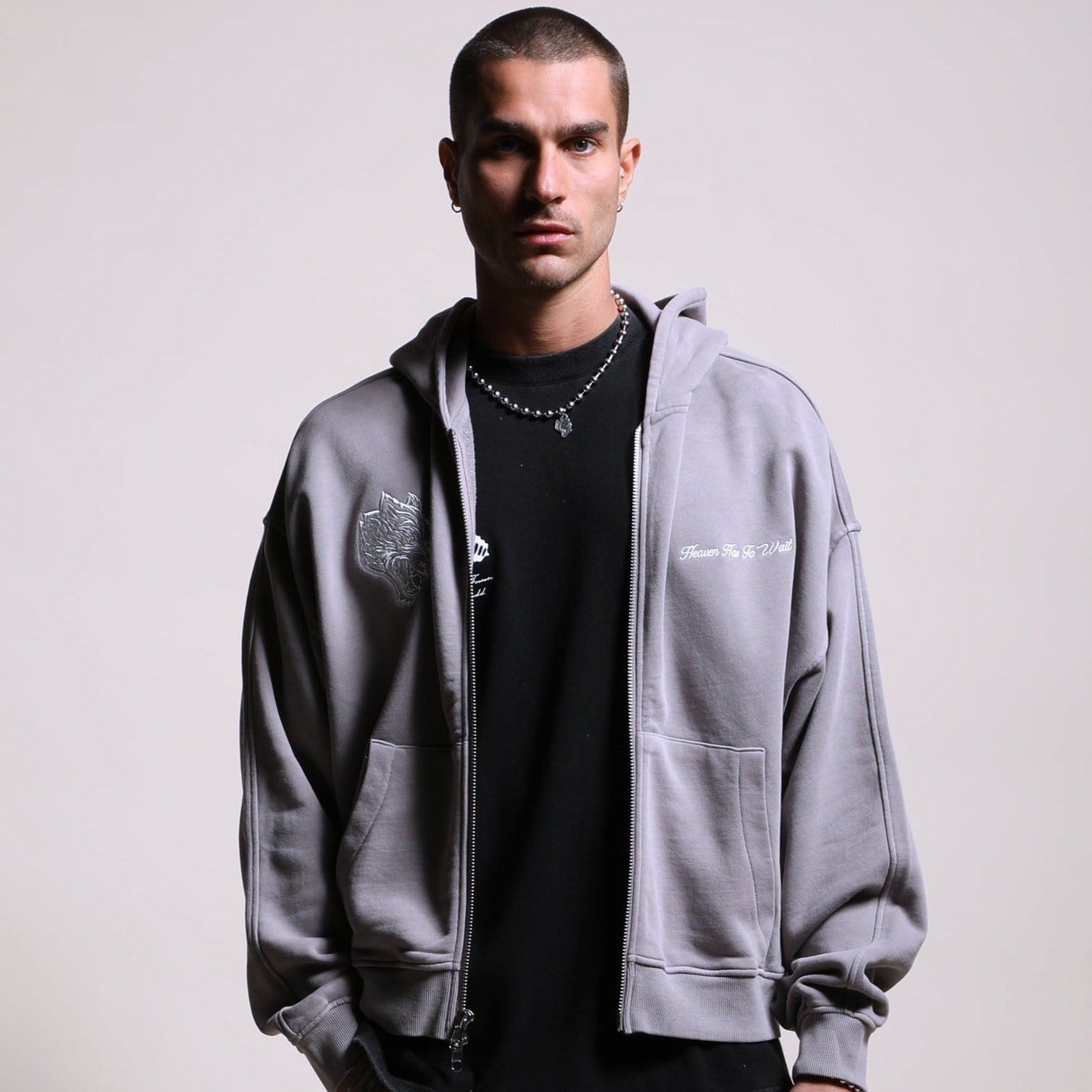 Time Darco Double Zip Hoodie in Pale Gray