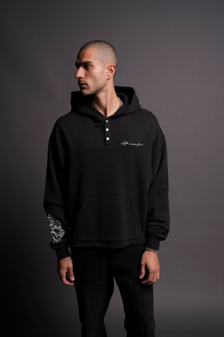 Life Moves Fast Lemmy Snap "Placket" Hoodie in Black