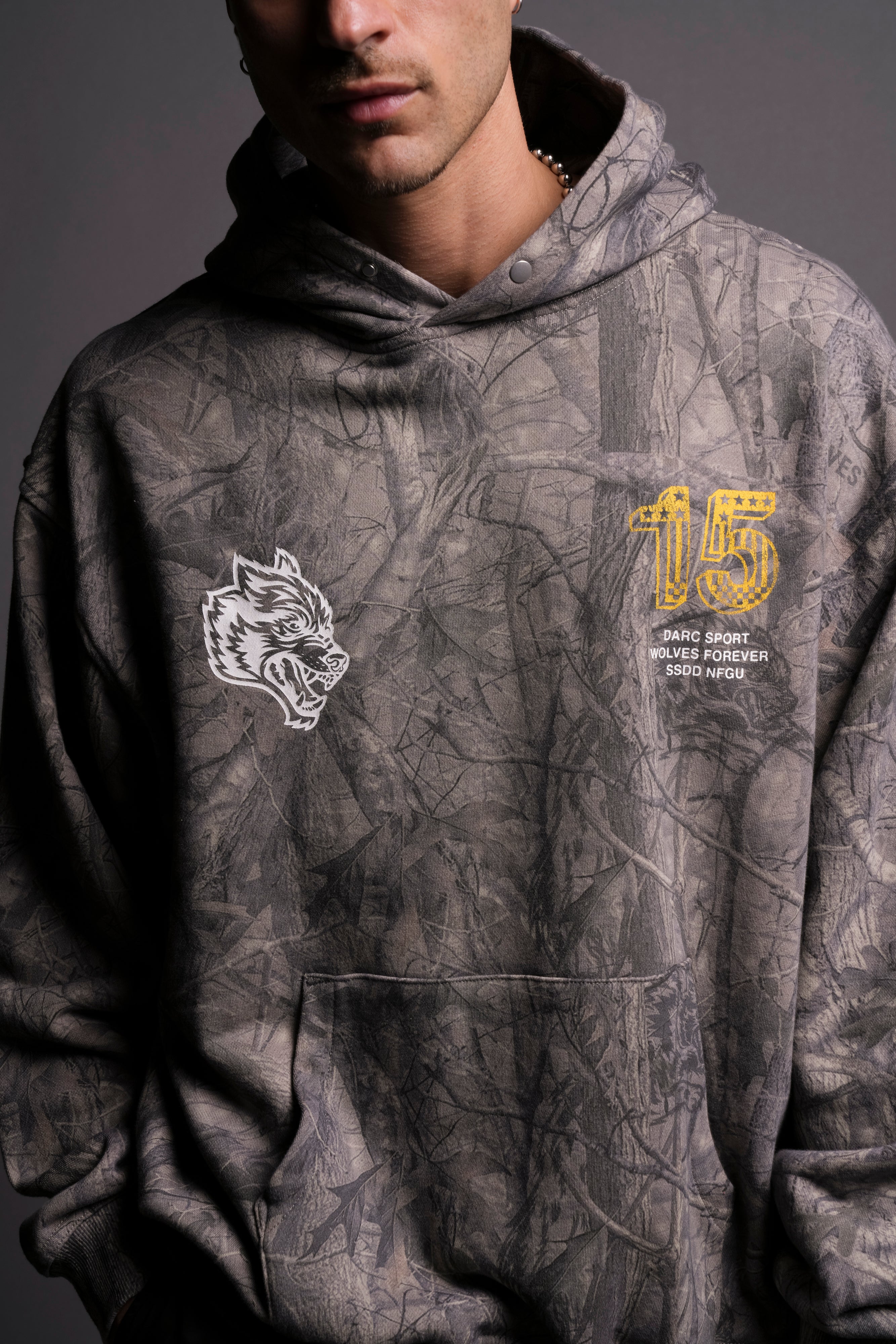 Life Moves Fast V2 "Vintage Pierce" Unisex Hoodie in Driftwood Wolf Forest Camo