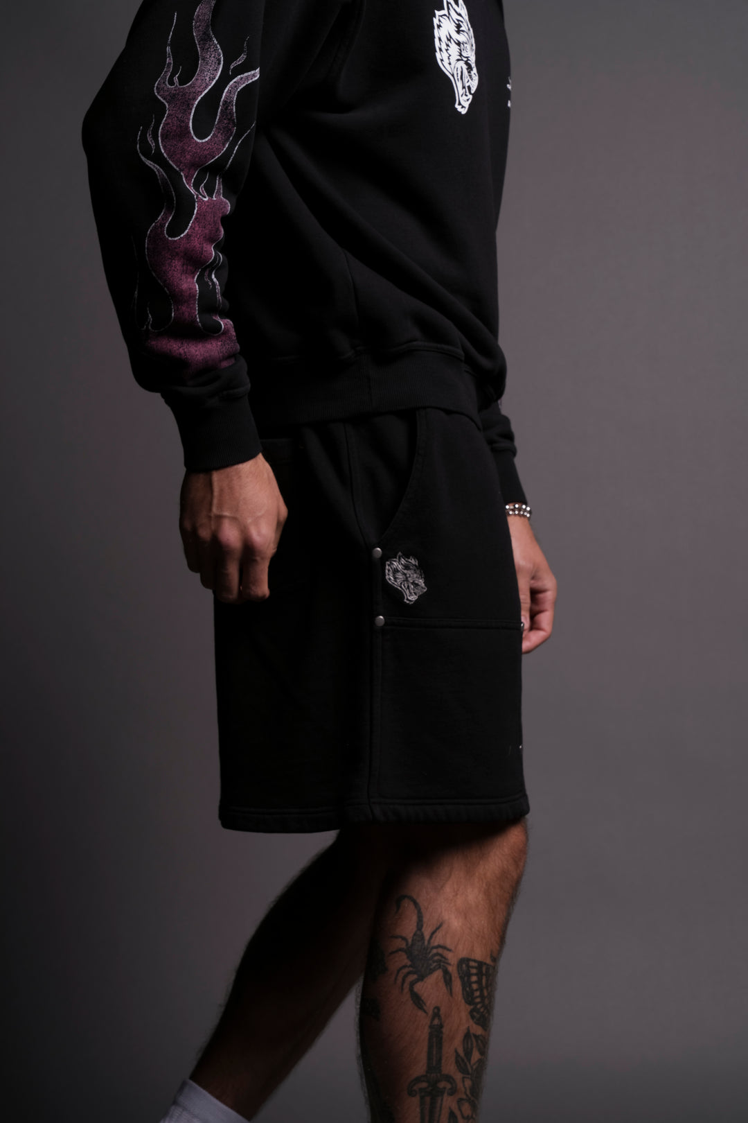 Dual Rivet Fleece Shorts in Black