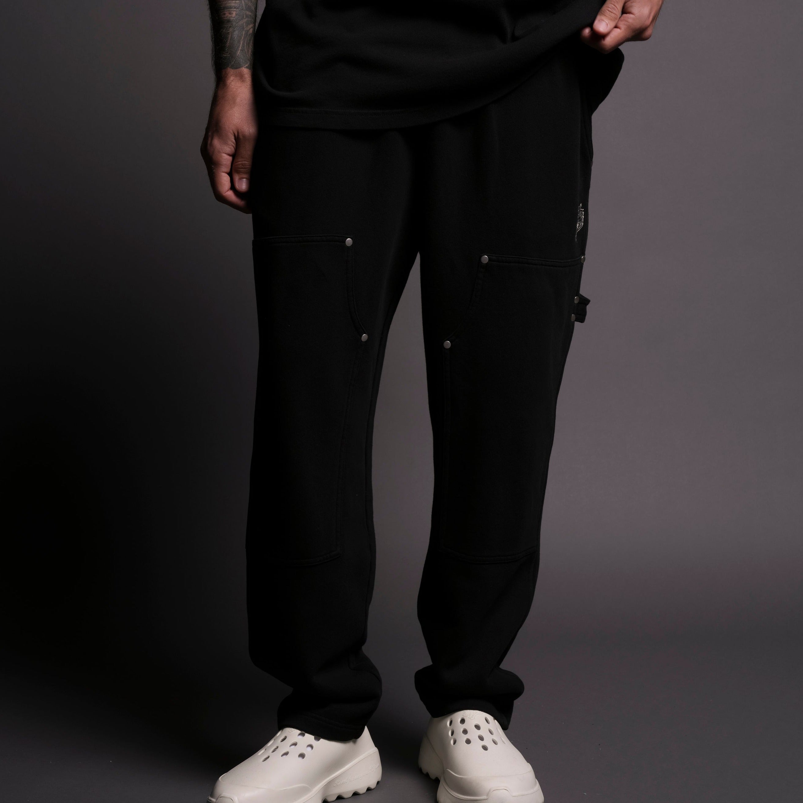 Dual Rivet Fleece Sweat Pants in Black